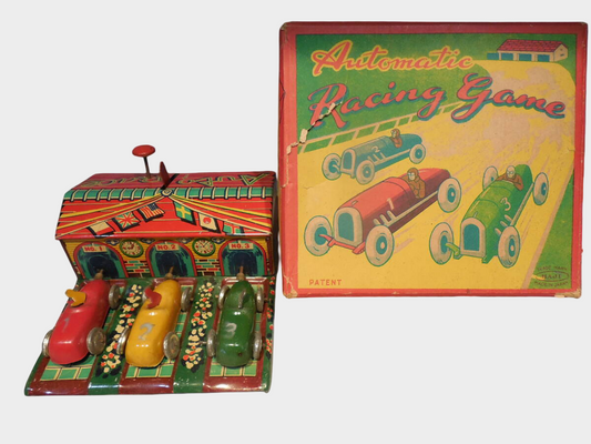 Pre-War Japanese HAJI Tin Automatic Racing Game Boxed Mechanical Toy