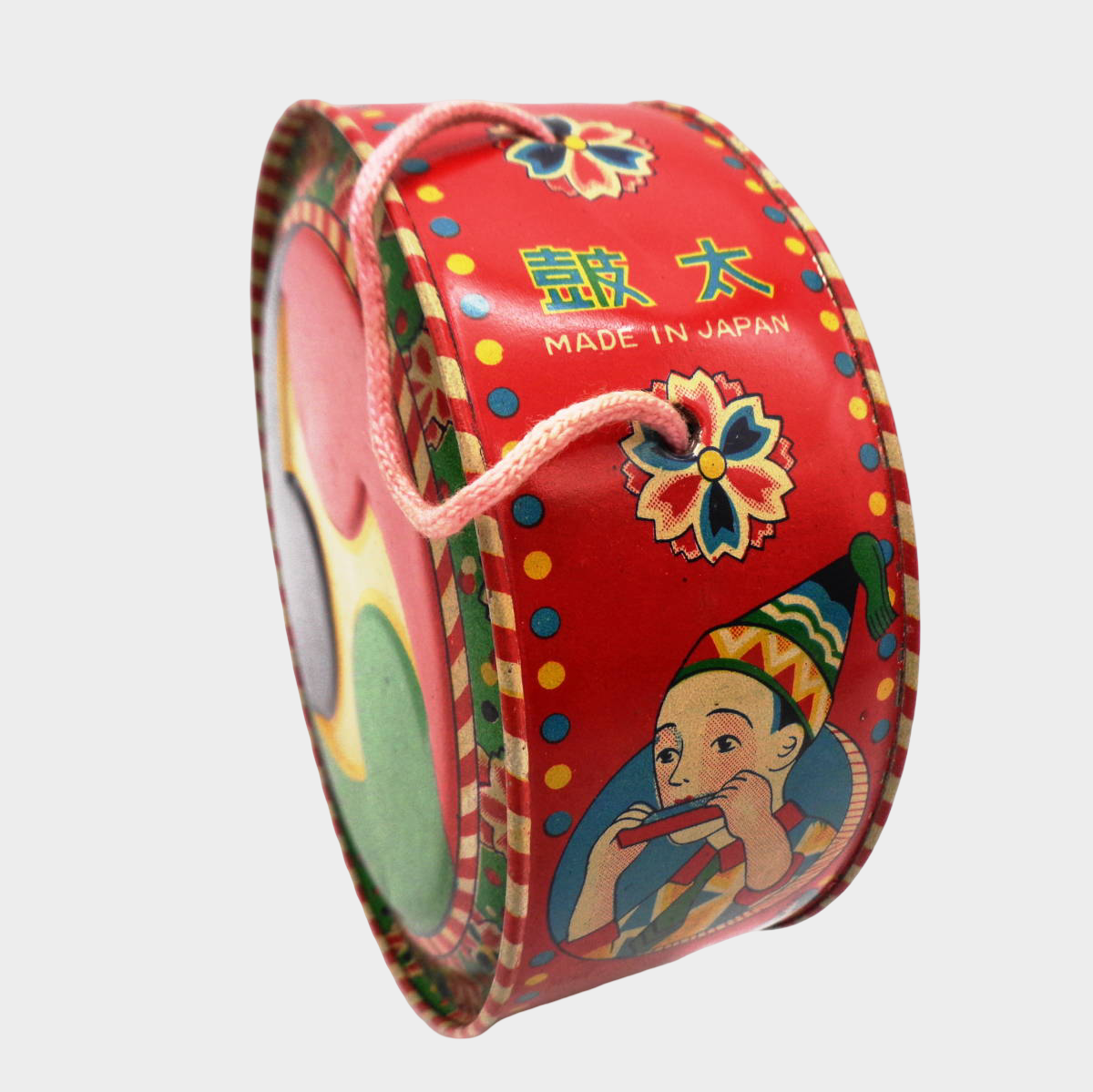 Pre-War Japanese Tin Drum Toy Norakuro Pierrot Girl Lithographed Made in Japan