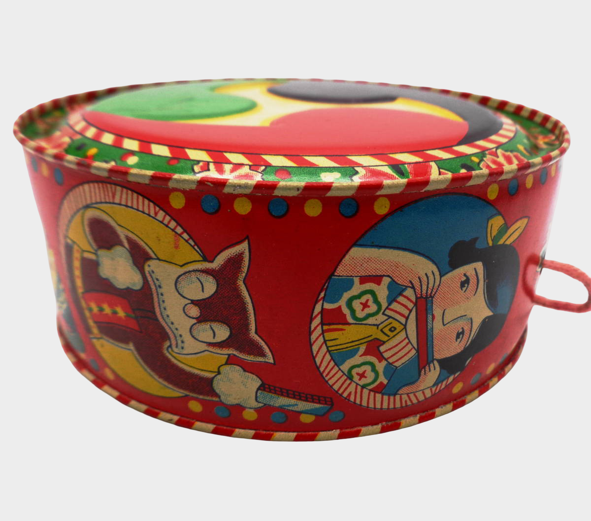 Pre-War Japanese Tin Drum Toy Norakuro Pierrot Girl Lithographed Made in Japan