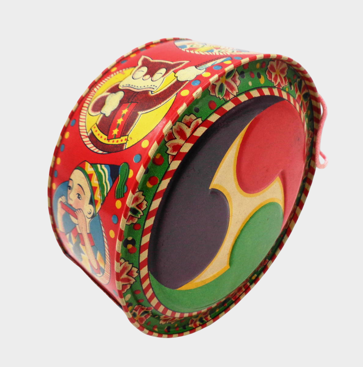 Pre-War Japanese Tin Drum Toy Norakuro Pierrot Girl Lithographed Made in Japan