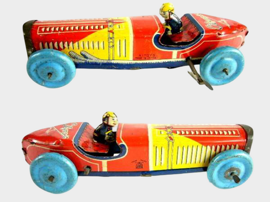 Pre-War Japanese Tin Olympic Racing Car Wind-Up with Driver Lithographed Toy