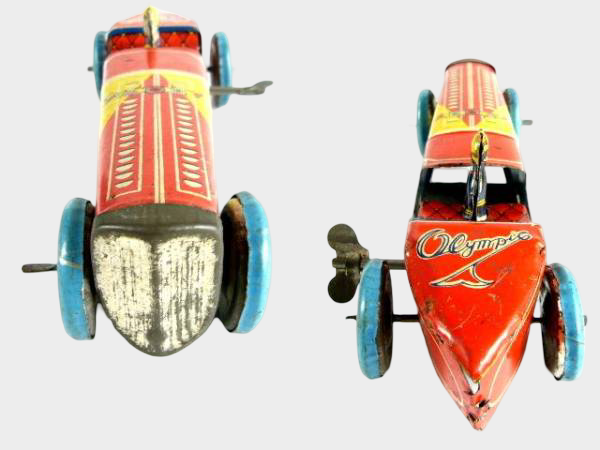 Pre-War Japanese Tin Olympic Racing Car Wind-Up with Driver Lithographed Toy