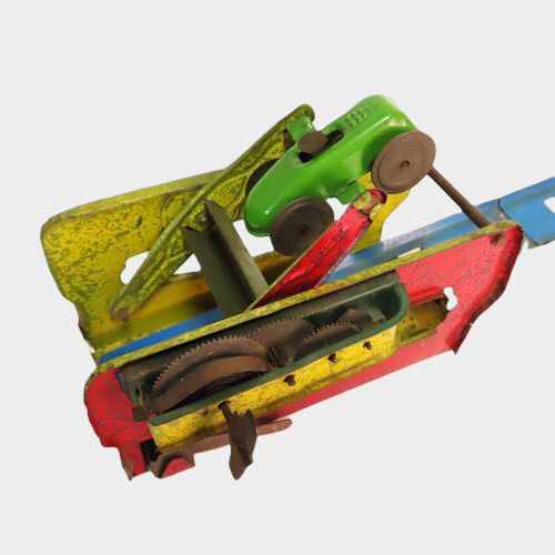 Pre-War Japanese Tin Racing Car Lift Ramp Game Hand-Push Up-Down Rail Mechanical Toy