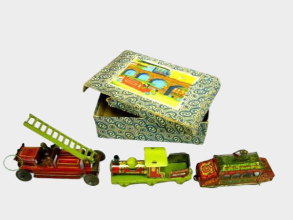 Pre-War Japanese Tin Toy Boxed Vehicle Set — Train, Car & Fire Truck — Hand-Push Action, Early Showa Japan
