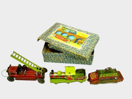 Pre-War Japanese Tin Toy Boxed Vehicle Set — Train, Car & Fire Truck — Hand-Push Action, Early Showa Japan