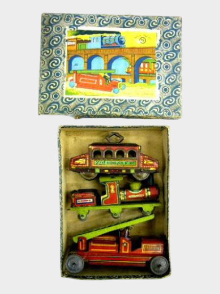 Pre-War Japanese Tin Toy Boxed Vehicle Set — Train, Car & Fire Truck — Hand-Push Action, Early Showa Japan