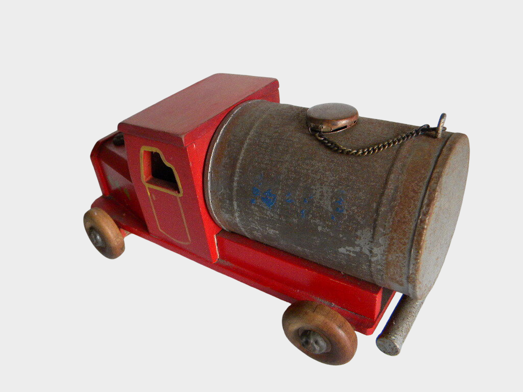 Pre-War Japanese DATSUN Wooden Water Tank Truck Toy Hand-Push Early Showa Fire Service
