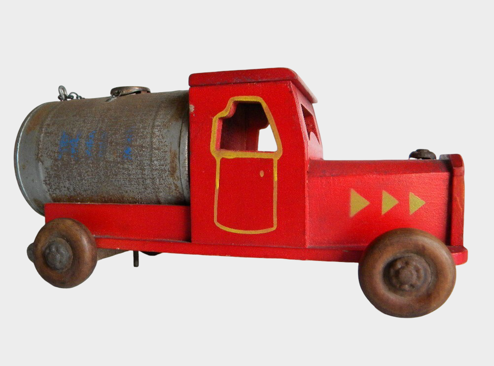 Pre-War Japanese DATSUN Wooden Water Tank Truck Toy Hand-Push Early Showa Fire Service