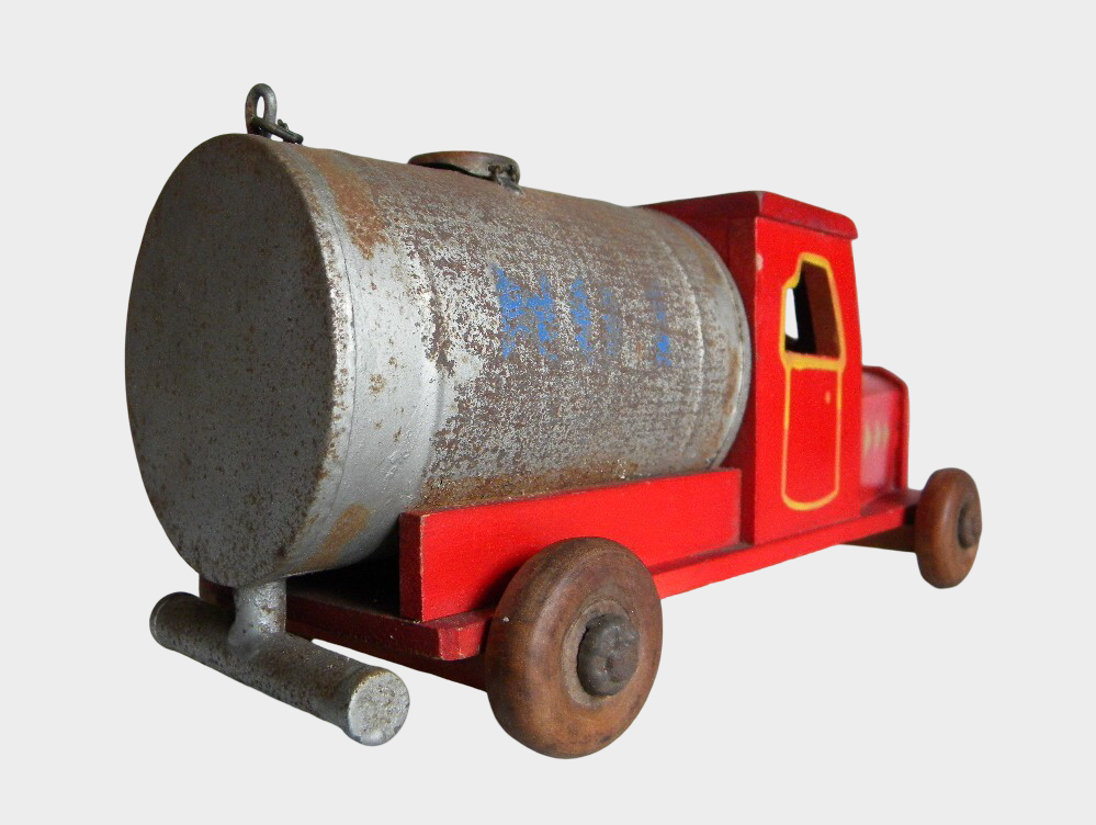 Pre-War Japanese DATSUN Wooden Water Tank Truck Toy Hand-Push Early Showa Fire Service
