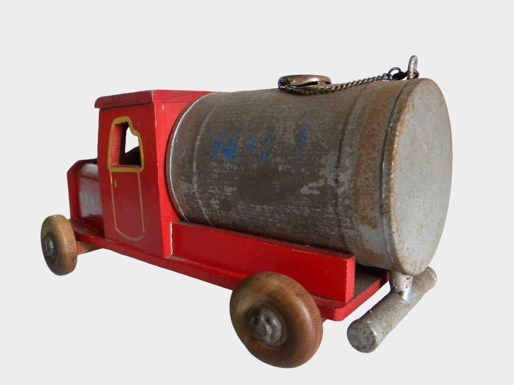 Pre-War Japanese DATSUN Wooden Water Tank Truck Toy Hand-Push Early Showa Fire Service