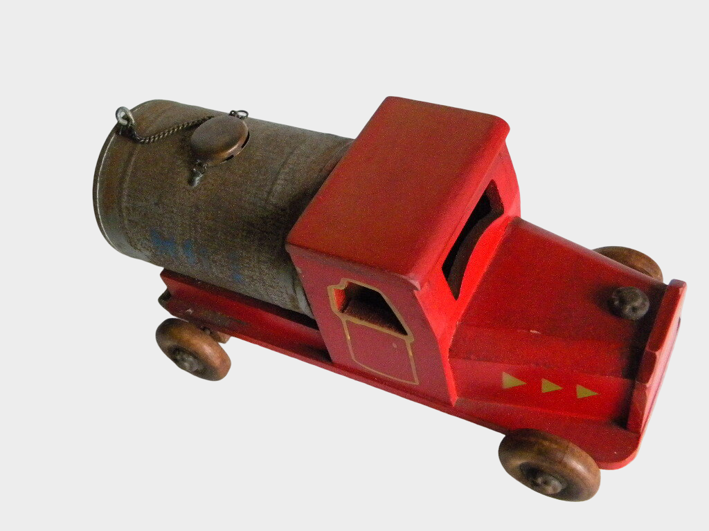 Pre-War Japanese DATSUN Wooden Water Tank Truck Toy Hand-Push Early Showa Fire Service