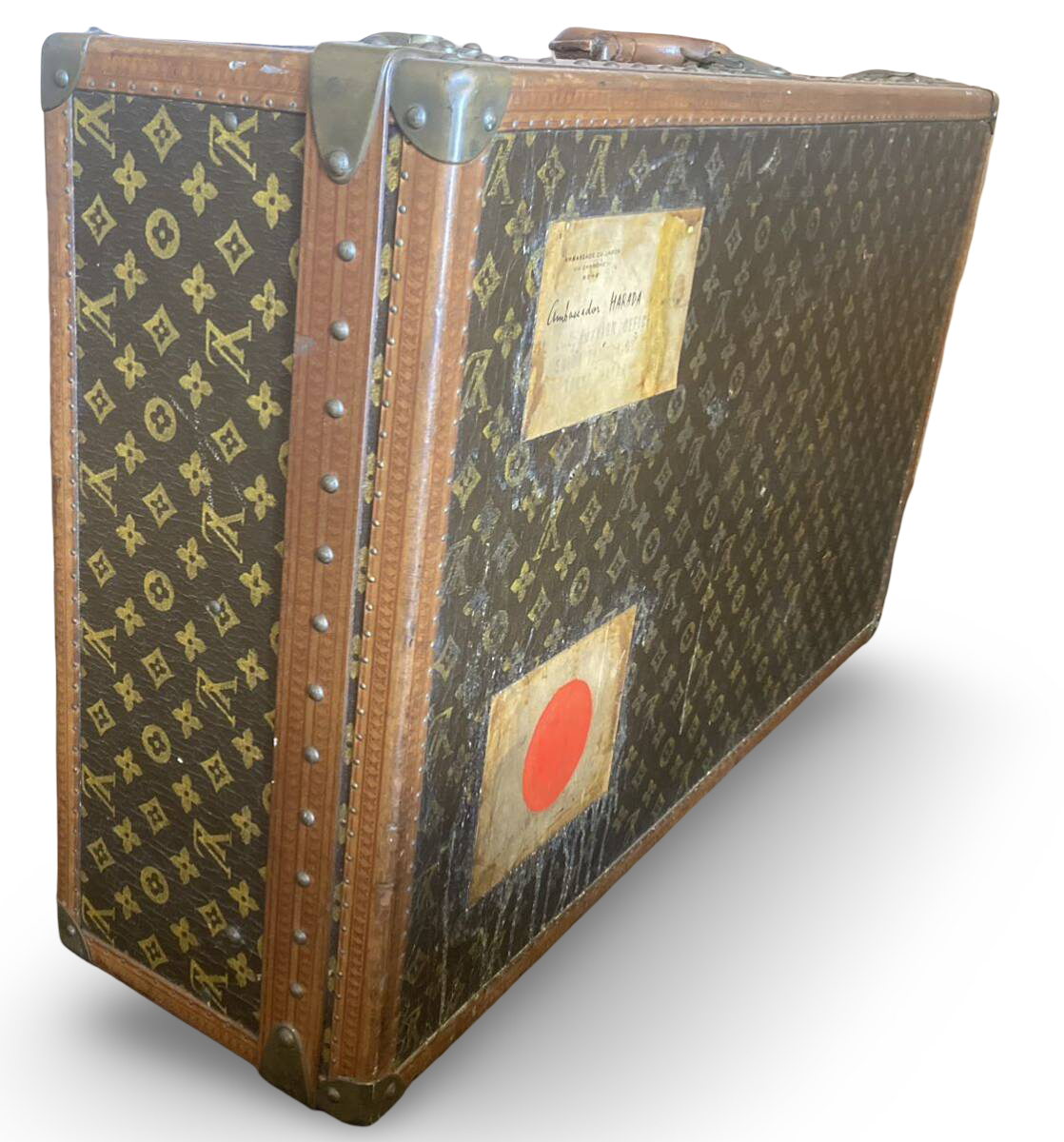 Louis Vuitton Antique Oversized Trunk 1920s Hand-Painted Flag Handwritten Markings – XL Monogram Canvas Historical LV Case