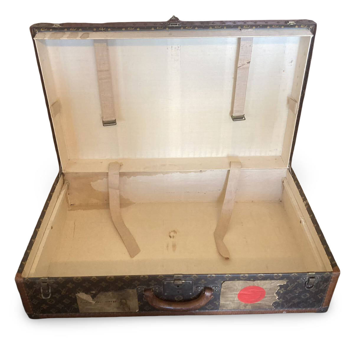 Louis Vuitton Antique Oversized Trunk 1920s Hand-Painted Flag Handwritten Markings – XL Monogram Canvas Historical LV Case