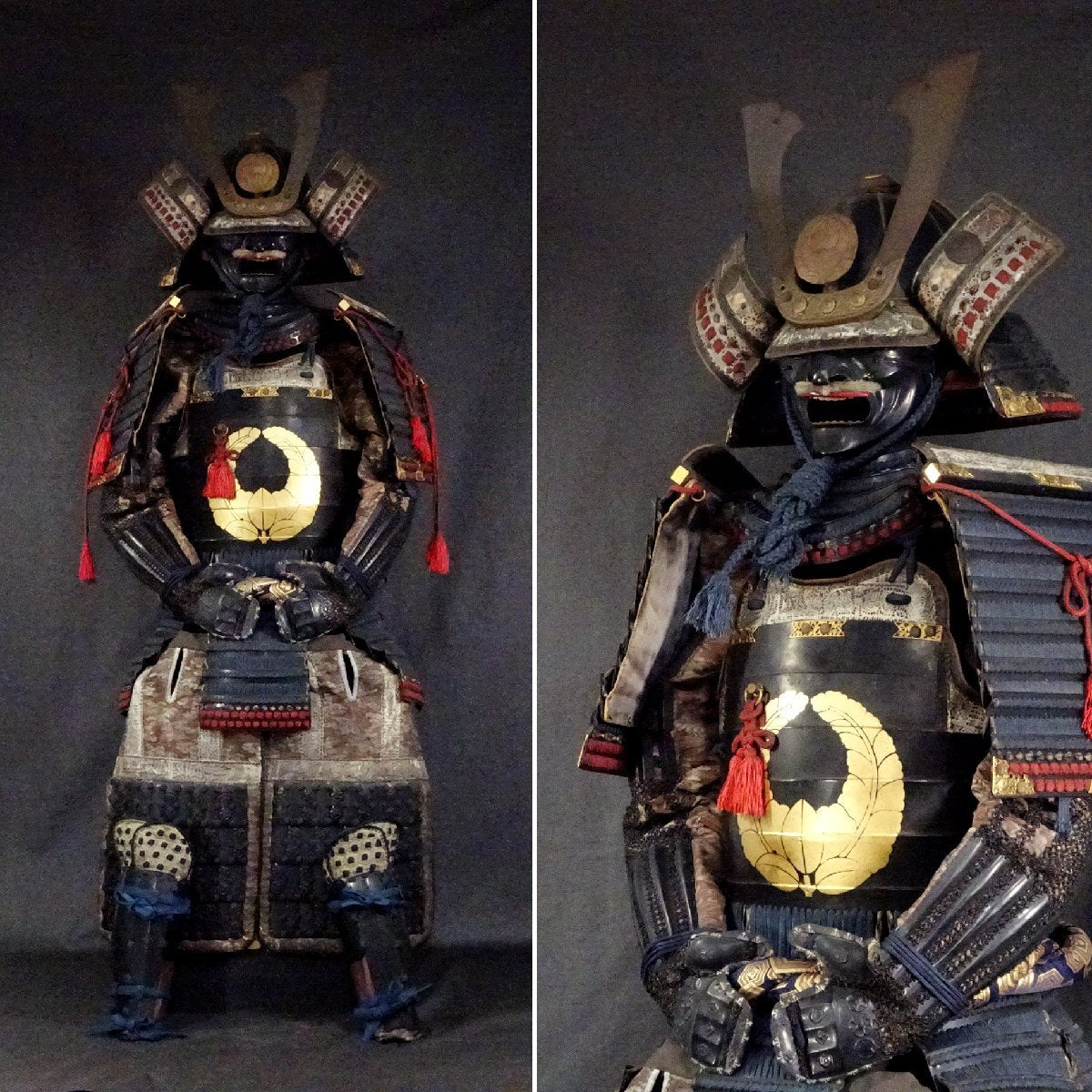 Premium Toshin-dai Gusoku — Iron Kabuto, Mon-Style Crest Do, Black Lacquer Plate Presence, Full Display Ensemble with Box