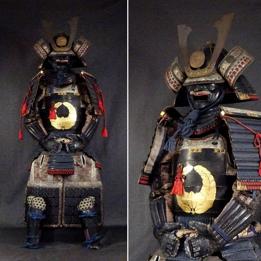 Premium Toshin-dai Gusoku — Iron Kabuto, Mon-Style Crest Do, Black Lacquer Plate Presence, Full Display Ensemble with Box