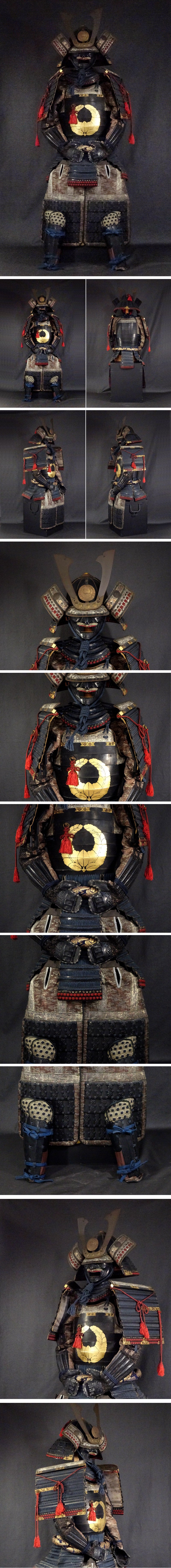 Premium Toshin-dai Gusoku — Iron Kabuto, Mon-Style Crest Do, Black Lacquer Plate Presence, Full Display Ensemble with Box