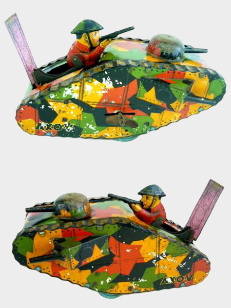 Prewar Antique Japanese WWII Tin Tank with Soldier Figure Opening Hatch Wind-Up Toy