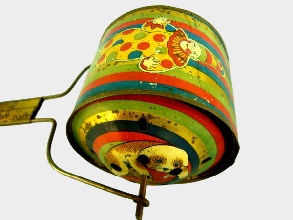 Antique Prewar Japanese Rolling Melody Tin Toy Pierrot Child Motif