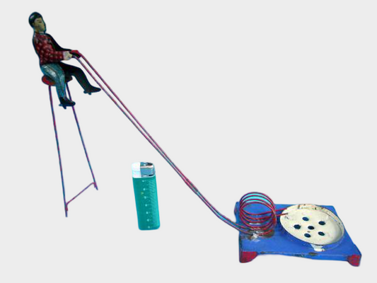 Prewar Japanese Tin Western Acrobat Wire-Rail Skill Toy — Mechanical Display Novelty
