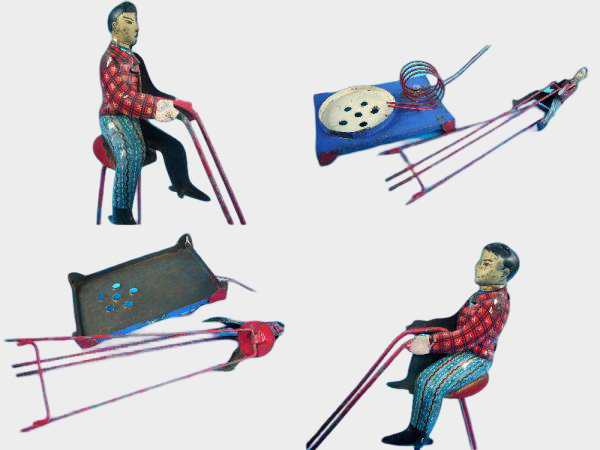 Prewar Japanese Tin Western Acrobat Wire-Rail Skill Toy — Mechanical Display Novelty