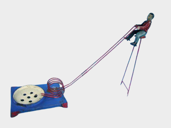 Prewar Japanese Tin Western Acrobat Wire-Rail Skill Toy — Mechanical Display Novelty