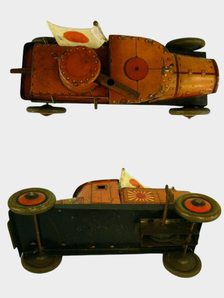 Antique Prewar WWII Japanese Tin Armored Vehicle with Soldier Hinomaru Imperial Flag Projectile Wind-Up Toy