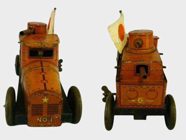 Antique Prewar WWII Japanese Tin Armored Vehicle with Soldier Hinomaru Imperial Flag Projectile Wind-Up Toy
