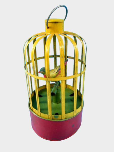 Showa Japanese Tin Singing Bird Cage — Mechanical Wind-Up Bird Toy, Lithographed Metal, Mid-Century Display Piece