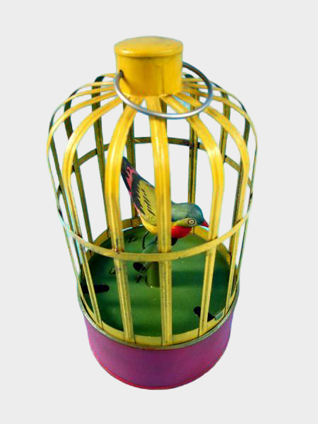 Showa Japanese Tin Singing Bird Cage — Mechanical Wind-Up Bird Toy, Lithographed Metal, Mid-Century Display Piece