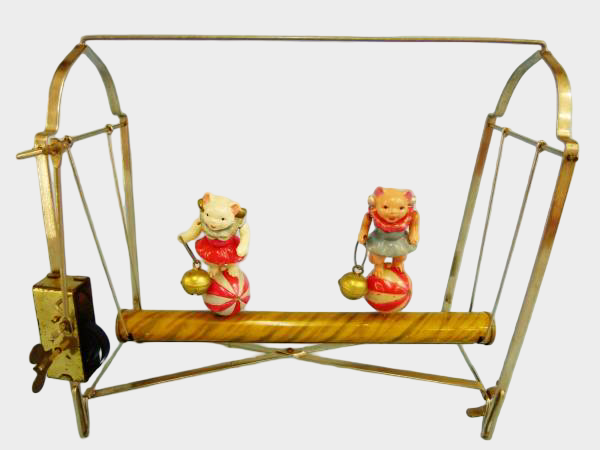 Prewar Japanese Tin Cat Ball-Riding Toy with Celluloid Figures Wind-Up Boxed
