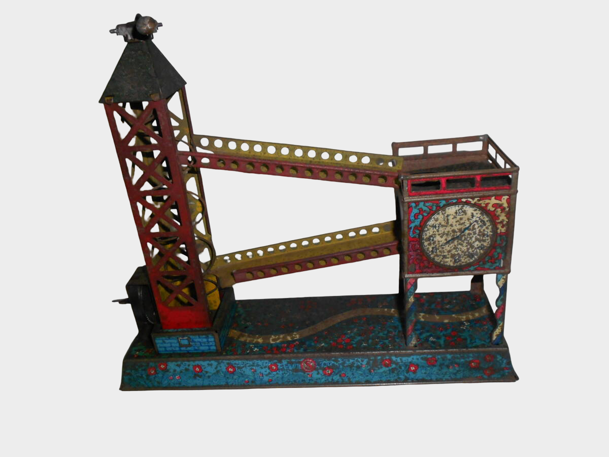 Prewar Japanese Tin Clock Tower Building Toy Rotating Mechanism Showa Architecture