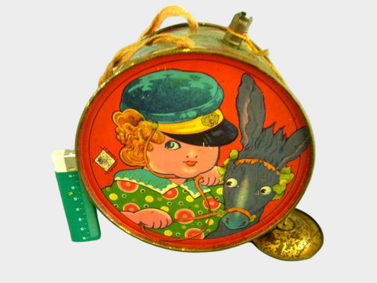 Prewar Japanese Antique Tin Drum Toy Illustrated Child & Animal Motif