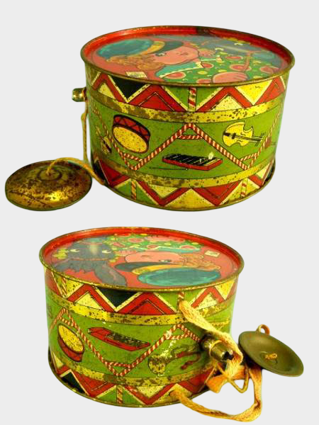 Prewar Japanese Antique Tin Drum Toy Illustrated Child & Animal Motif