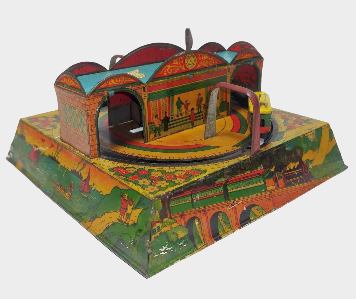 Prewar Japanese Tin Electric Railway Loop Toy 1930s Showa Wind-Up Mechanical Display