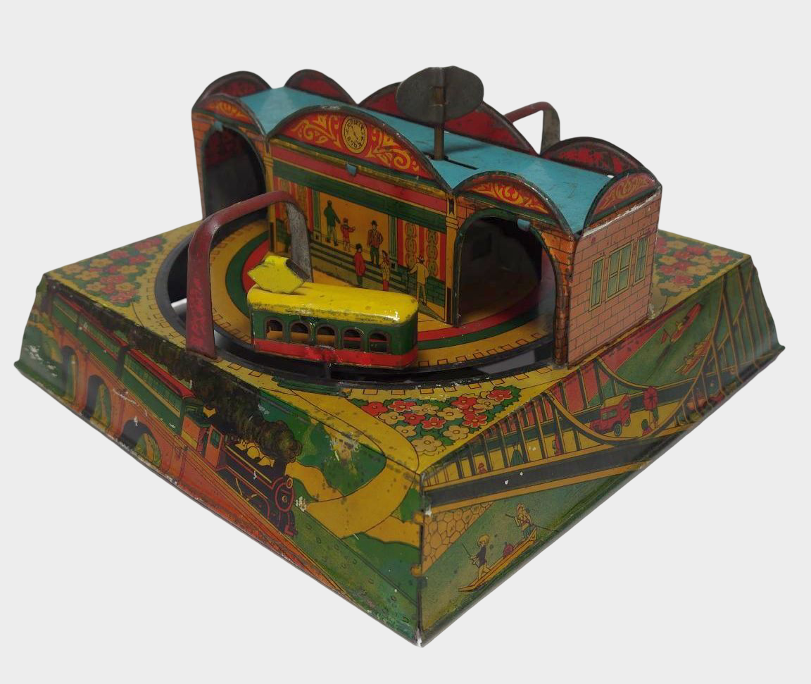 Prewar Japanese Tin Electric Railway Loop Toy 1930s Showa Wind-Up Mechanical Display