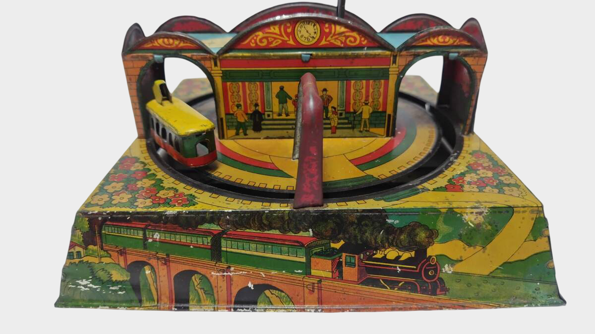 Prewar Japanese Tin Electric Railway Loop Toy 1930s Showa Wind-Up Mechanical Display