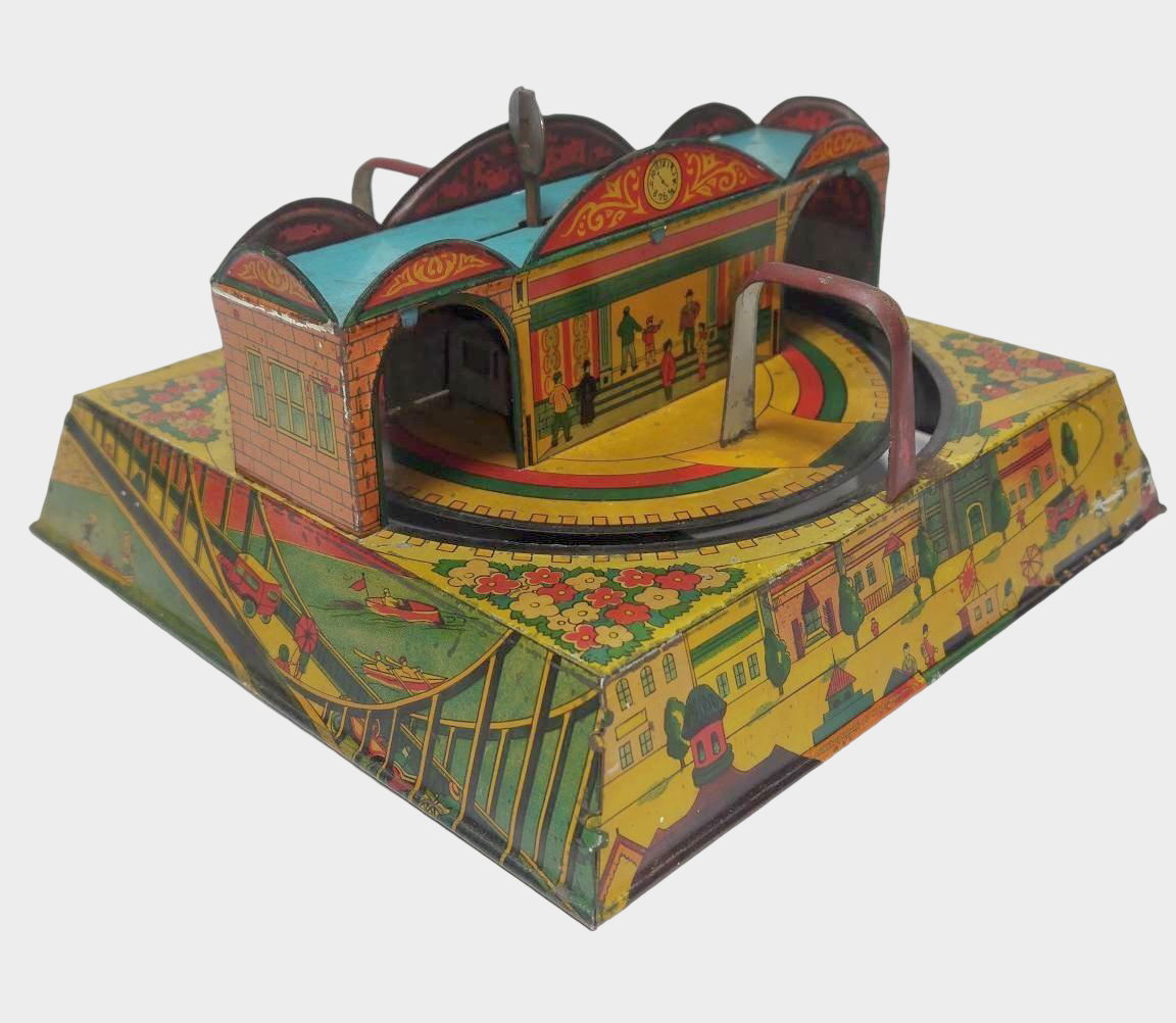 Prewar Japanese Tin Electric Railway Loop Toy 1930s Showa Wind-Up Mechanical Display