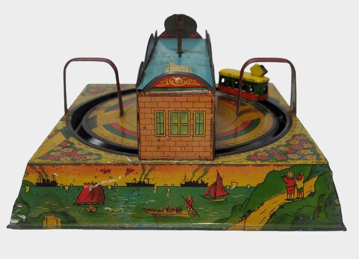 Prewar Japanese Tin Electric Railway Loop Toy 1930s Showa Wind-Up Mechanical Display