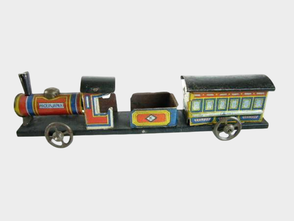 Prewar Japanese Tin Friction Locomotive Train with Carriage Set