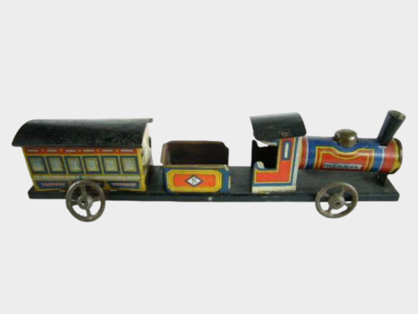 Prewar Japanese Tin Friction Locomotive Train with Carriage Set