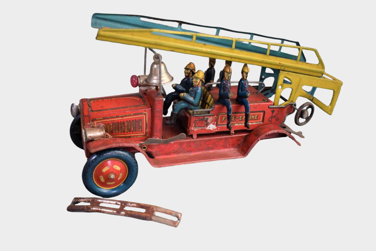 Prewar Japanese Tin Ladder Fire Engine Toy with Firemen Figures