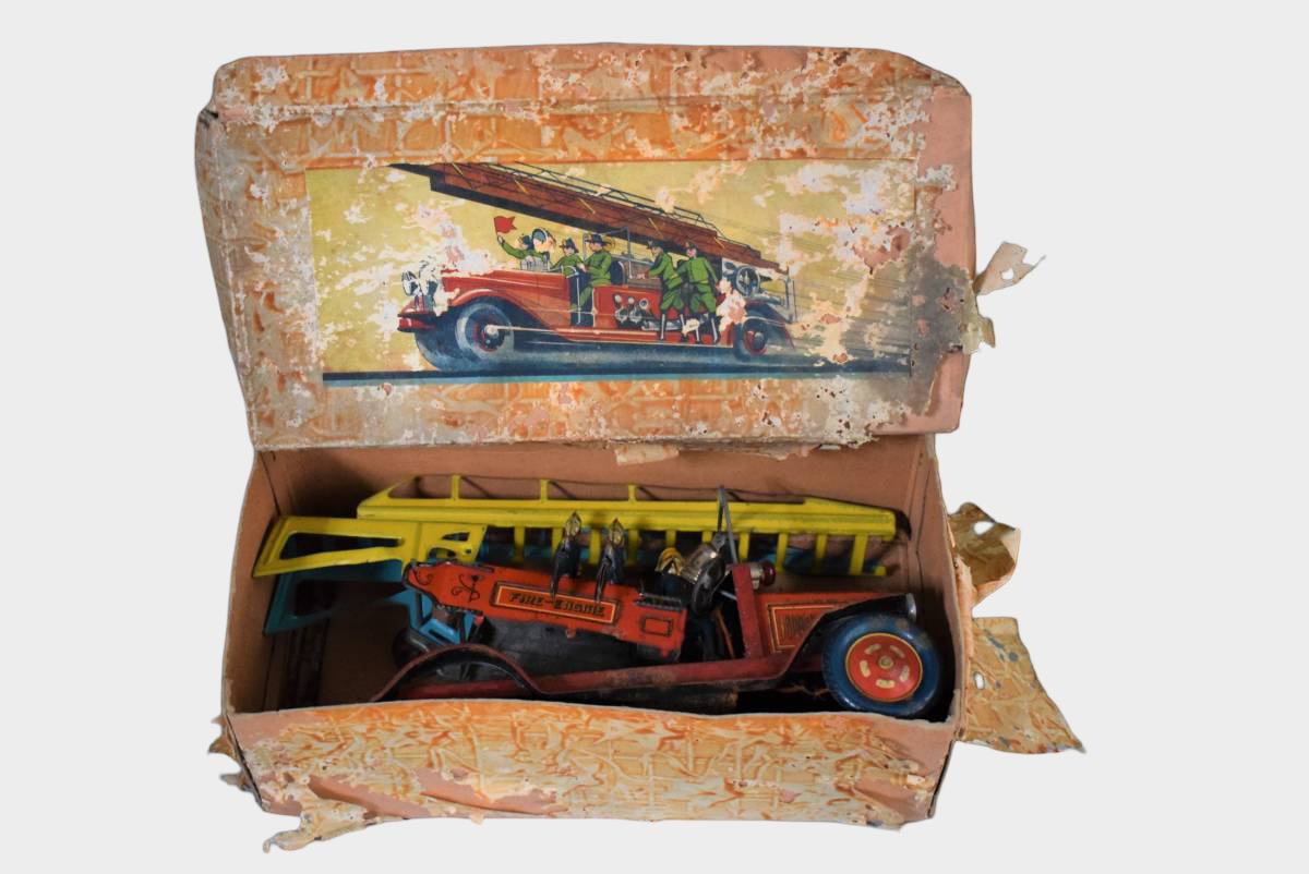 Prewar Japanese Tin Ladder Fire Engine Toy with Firemen Figures