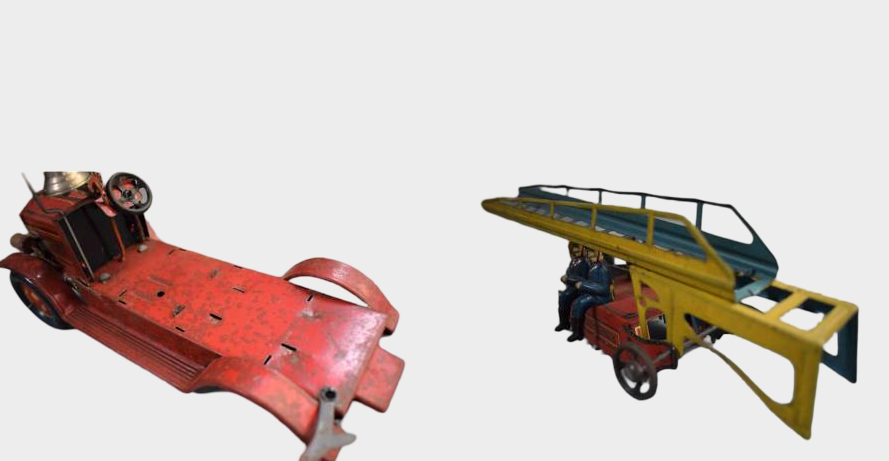 Prewar Japanese Tin Ladder Fire Engine Toy with Firemen Figures