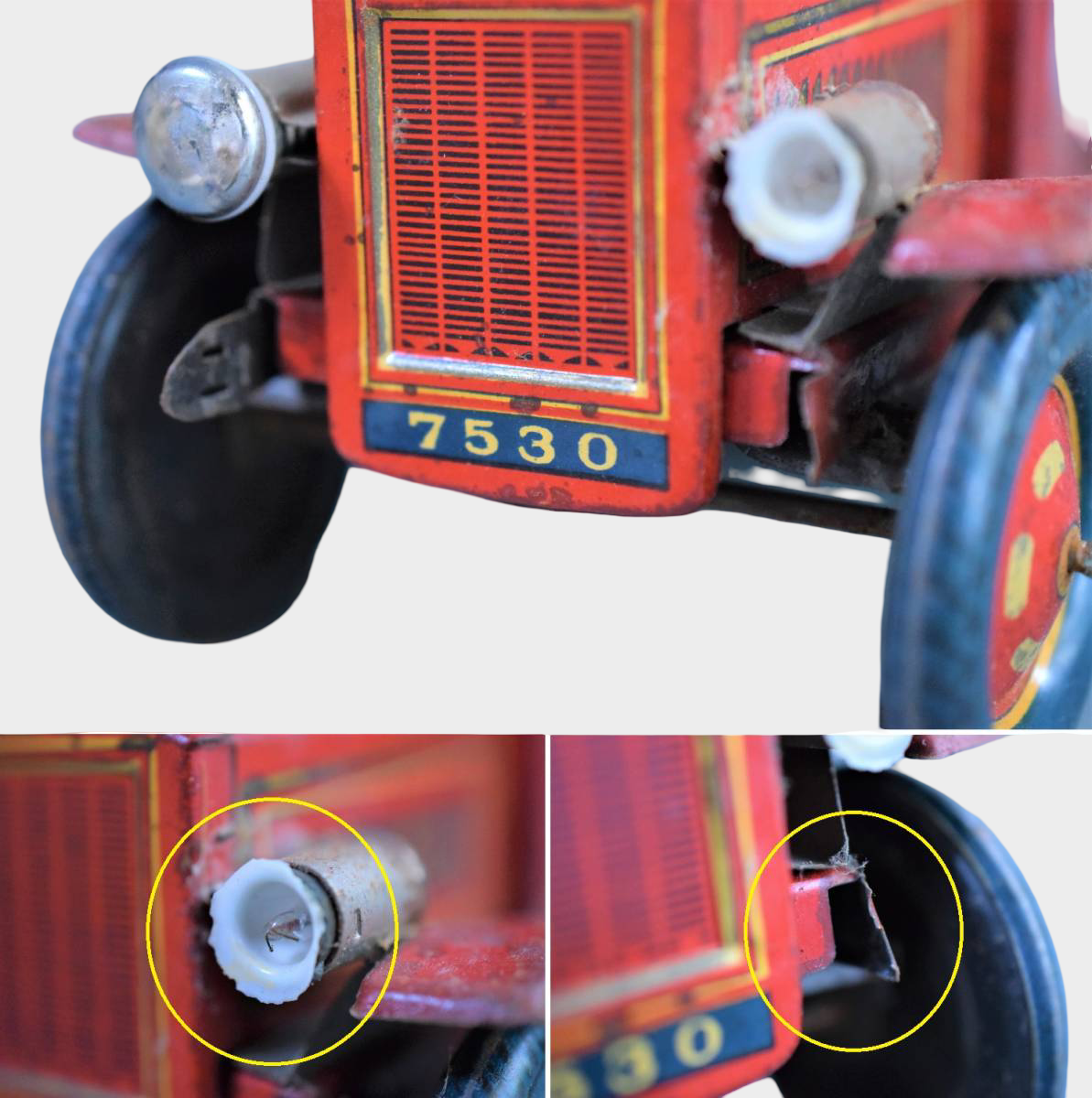 Prewar Japanese Tin Ladder Fire Engine Toy with Firemen Figures