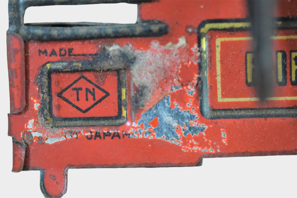 Prewar Japanese Tin Ladder Fire Engine Toy with Firemen Figures