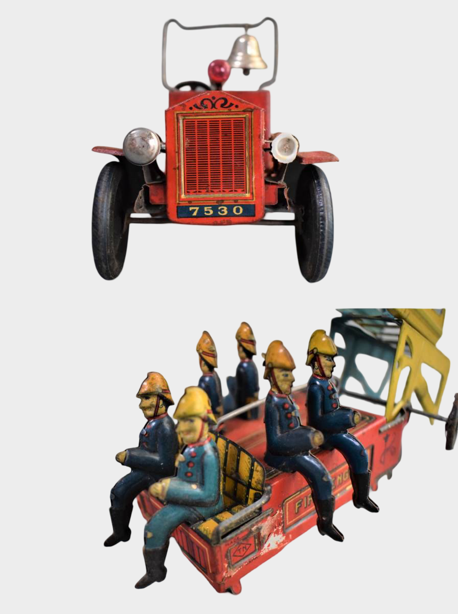 Prewar Japanese Tin Ladder Fire Engine Toy with Firemen Figures