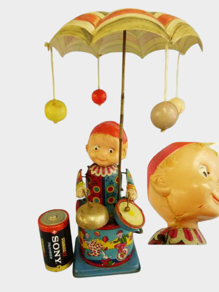 Prewar Japanese Tin Parasol Balance Clown Wind-Up Toy