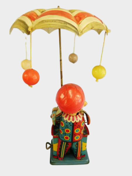 Prewar Japanese Tin Parasol Balance Clown Wind-Up Toy