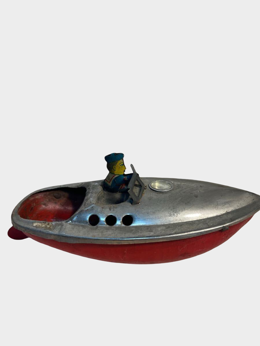 Prewar Japanese Tin Pon-Pon Motor Boat with Driver 1930s Steam Toy