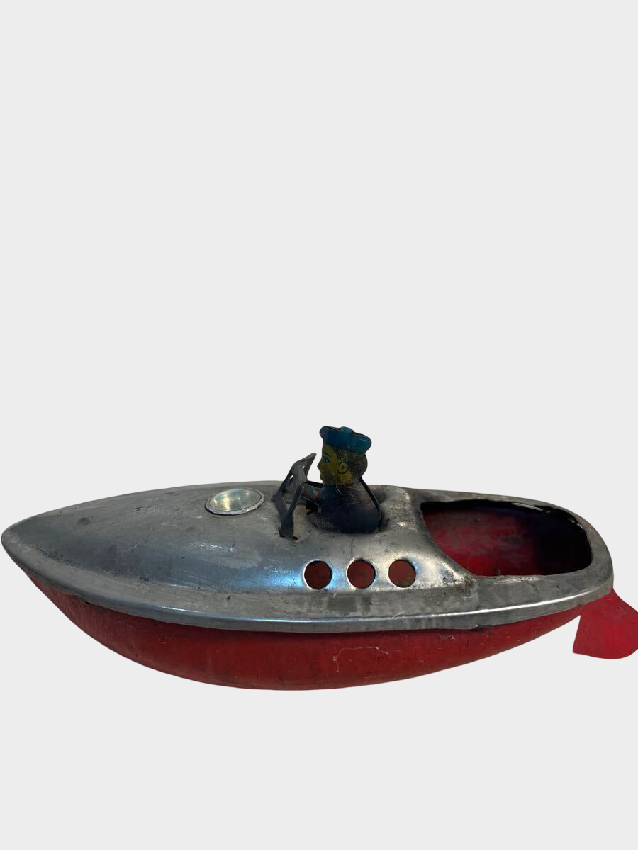 Prewar Japanese Tin Pon-Pon Motor Boat with Driver 1930s Steam Toy